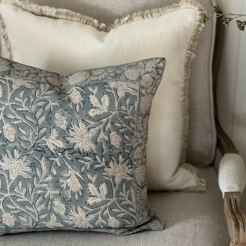Hand-Printed Botanical Linen Cushion – Soft Blue & Natural - Image 2