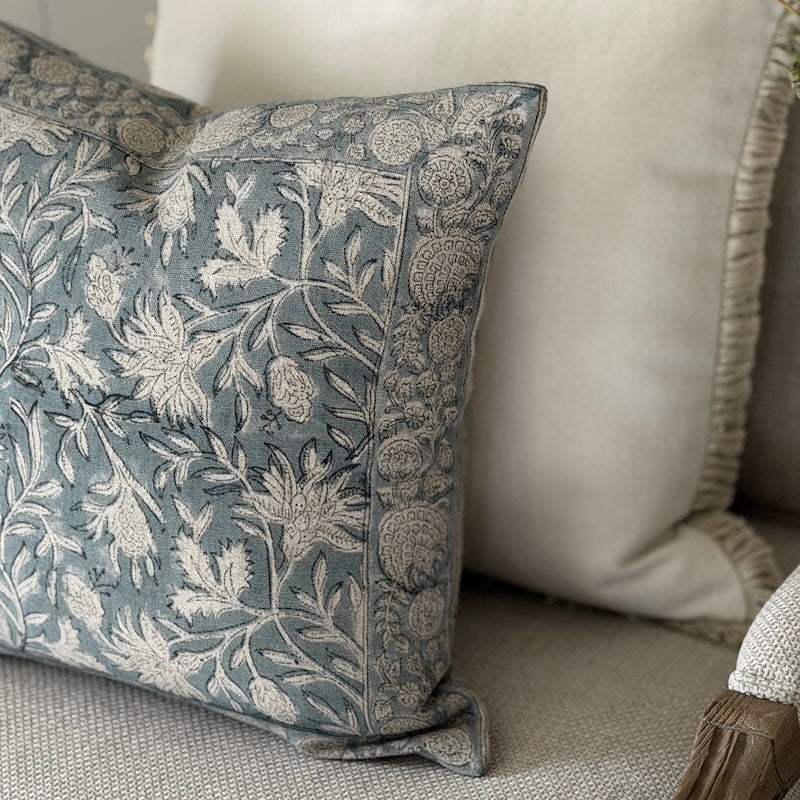 Hand-Printed Botanical Linen Cushion – Soft Blue & Natural - Image 3