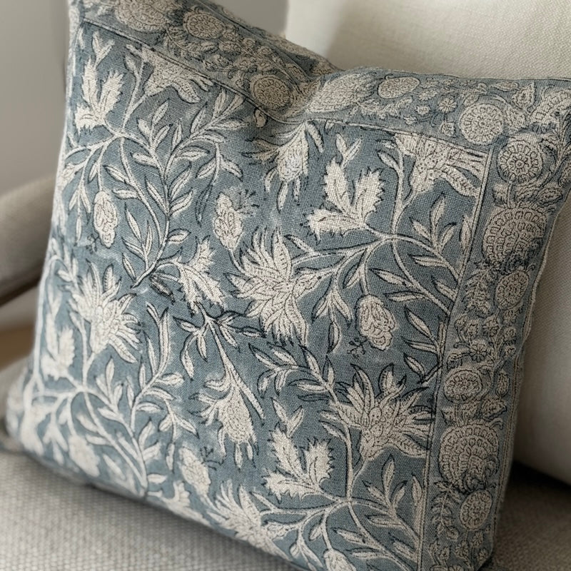Hand-Printed Botanical Linen Cushion – Soft Blue & Natural - Image 4