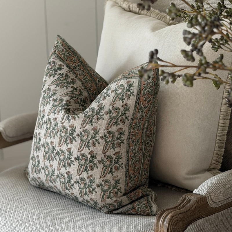Hand-Printed Botanical Linen Cushion – Soft Sage & Terracotta