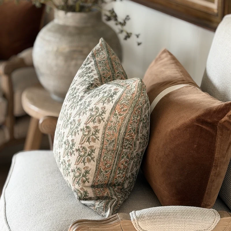 Hand-Printed Botanical Linen Cushion – Soft Sage & Terracotta - Image 2