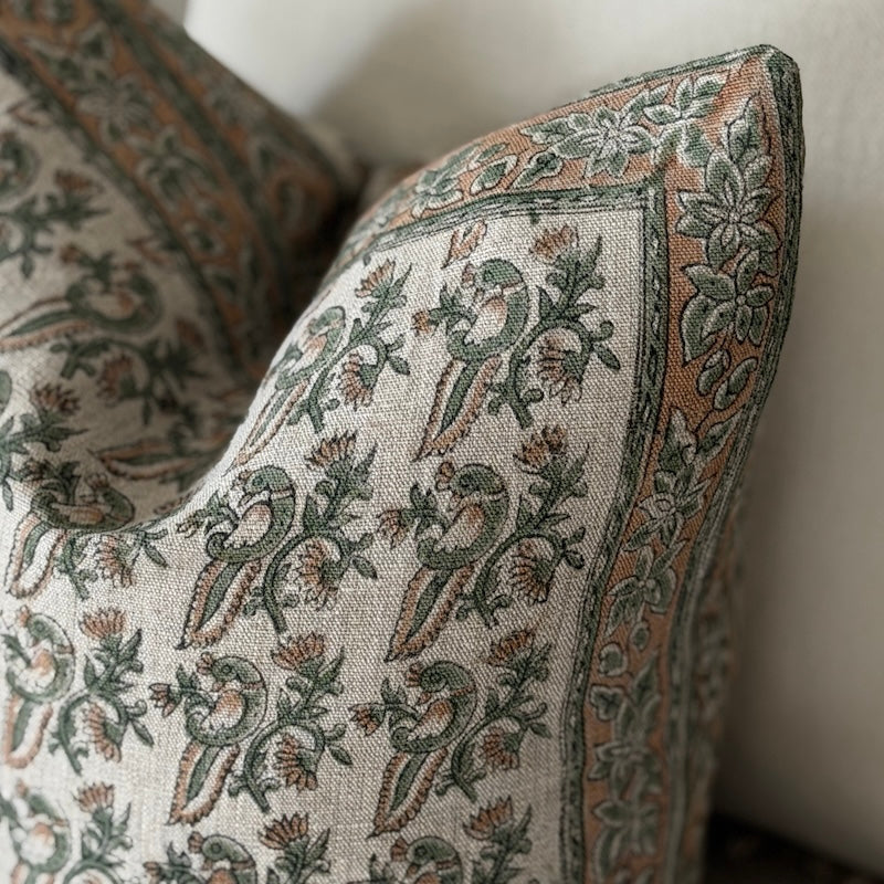 Hand-Printed Botanical Linen Cushion – Soft Sage & Terracotta - Image 3