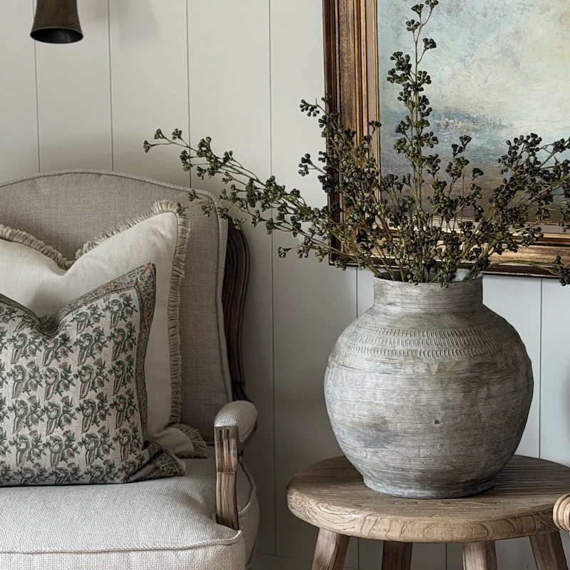 Hand-Printed Botanical Linen Cushion – Soft Sage & Terracotta - Image 4