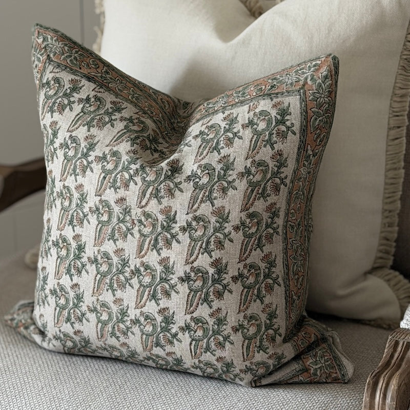 Hand-Printed Botanical Linen Cushion – Soft Sage & Terracotta - Image 5