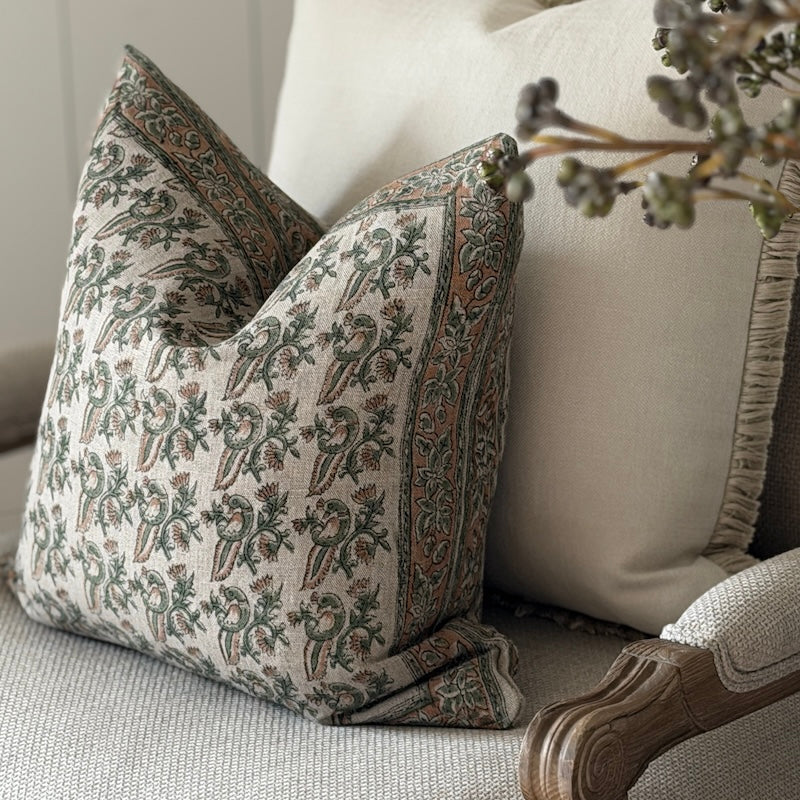 Hand-Printed Botanical Linen Cushion – Soft Sage & Terracotta - Image 6