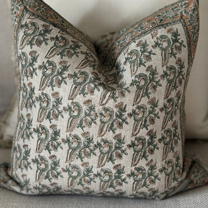 Hand-Printed Botanical Linen Cushion – Soft Sage & Terracotta - Image 7