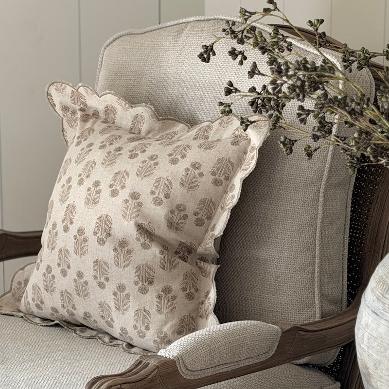 Handblock Flower Print Scallop Edge Cushion - 40cm x 40cm