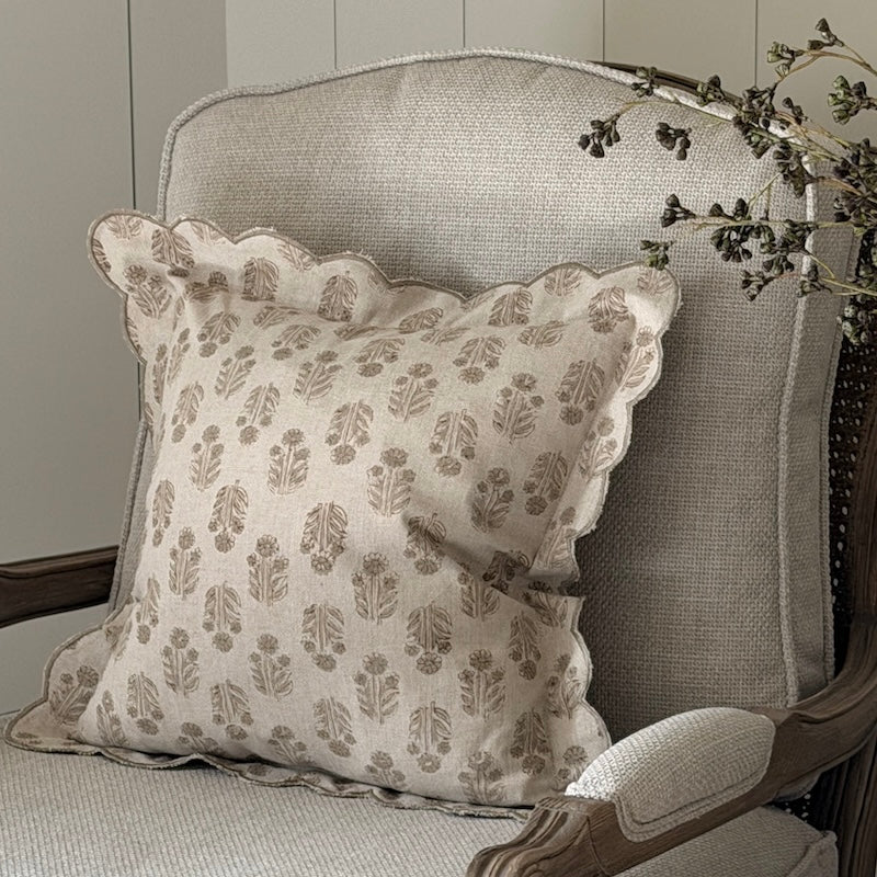 Handblock Flower Print Scallop Edge Cushion - 40cm x 40cm - Image 3