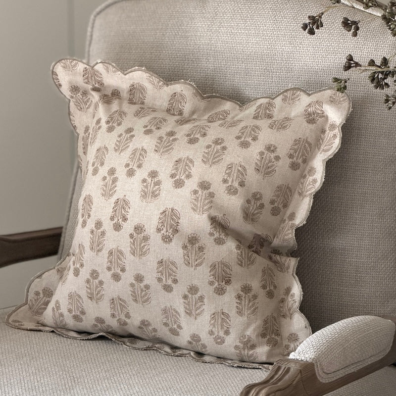 Handblock Flower Print Scallop Edge Cushion - 40cm x 40cm - Image 4