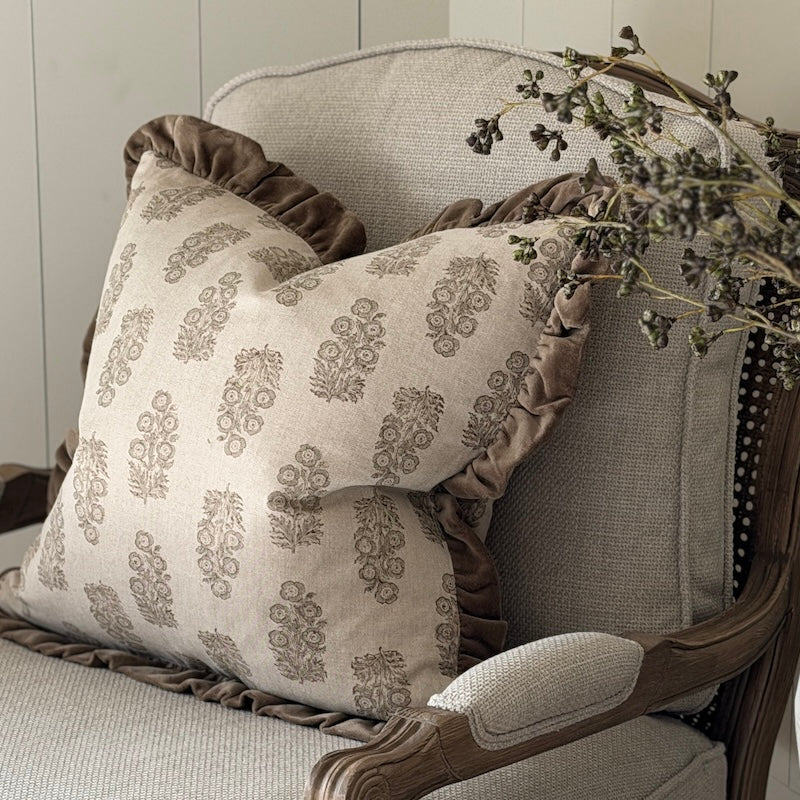 Handblock Flower Print Velvet Edge Cushion - 50cm x 50cm