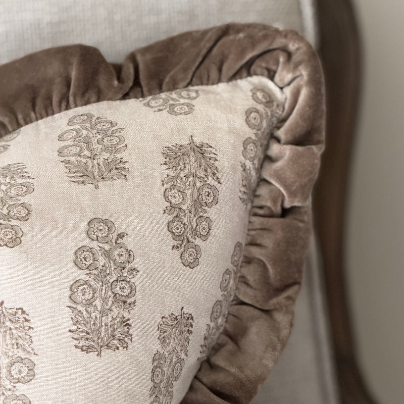 Handblock Flower Print Velvet Edge Cushion - 50cm x 50cm - Image 2