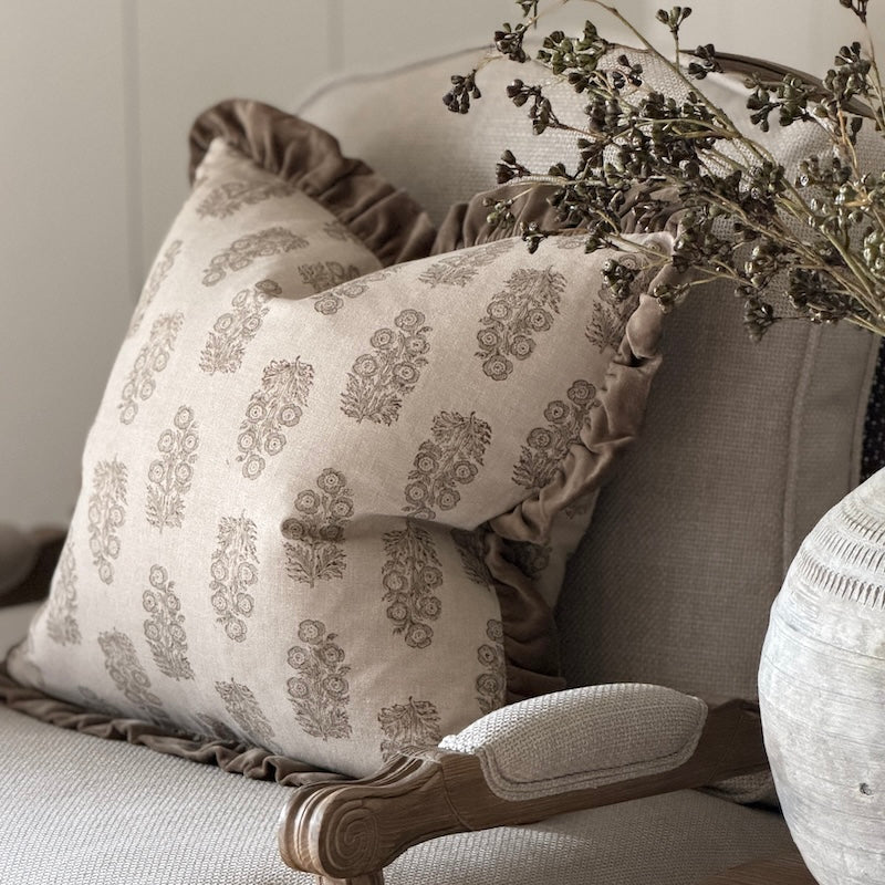 Handblock Flower Print Velvet Edge Cushion - 50cm x 50cm - Image 3