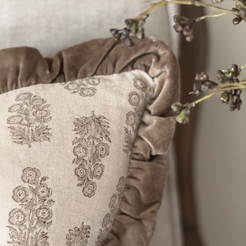Handblock Flower Print Velvet Edge Cushion - 50cm x 50cm - Image 4