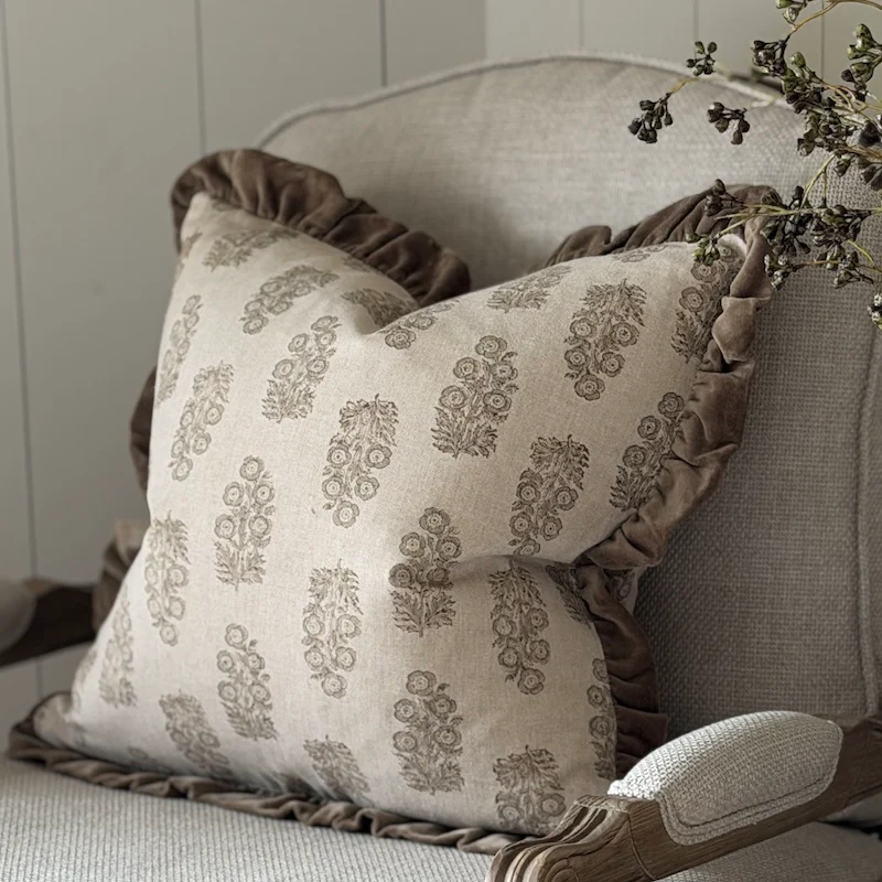 Handblock Flower Print Velvet Edge Cushion - 50cm x 50cm - Image 5