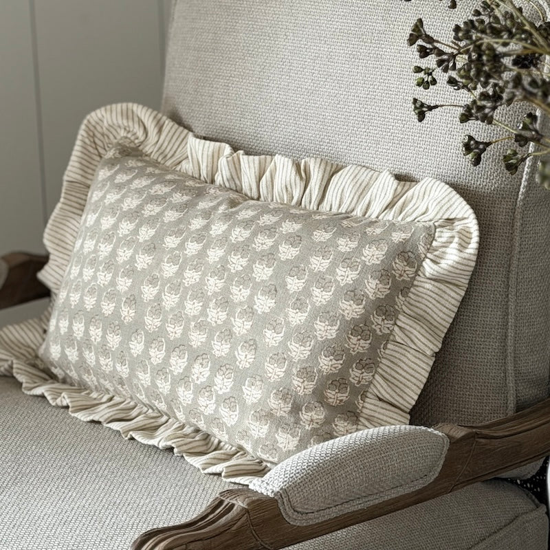 Handblock Jade Print Ruffle Edge Cushion - 50cm x 30cm