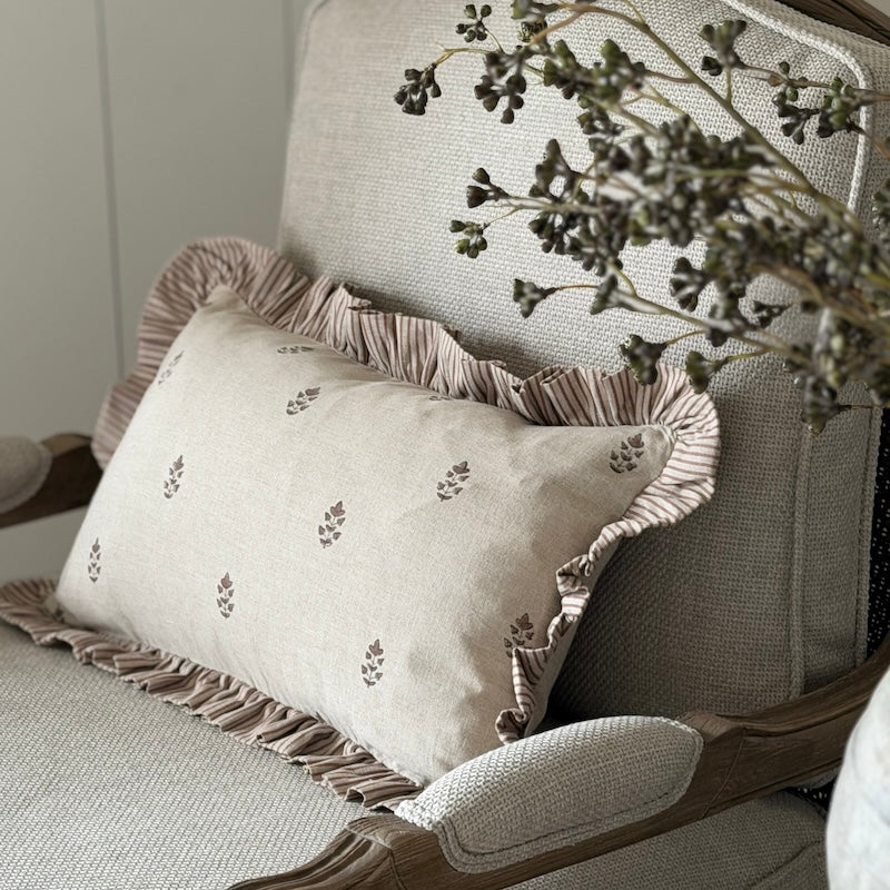 Handblock Sprig Print Ruffle Edge Cushion - 50cm x 30cm