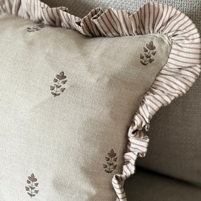 Handblock Sprig Print Ruffle Edge Cushion - 50cm x 30cm - Image 3