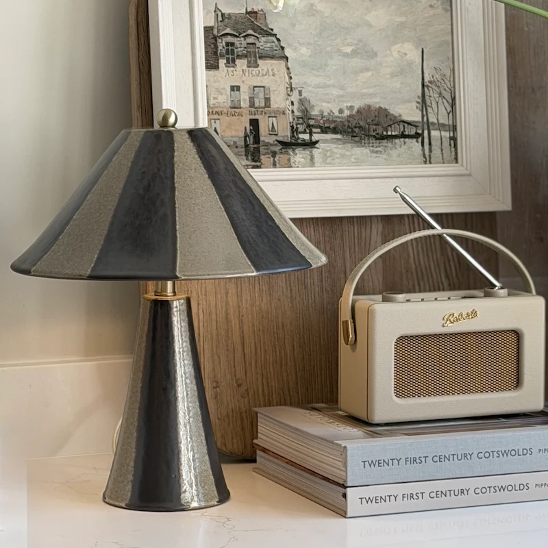 Handcrafted Stripes Brown Stoneware Ceramic Lamp and Shade - Image 4