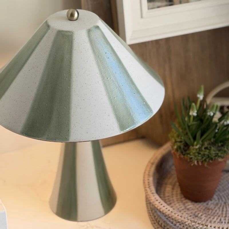 Handcrafted Stripes Verdant Stoneware Ceramic Lamp and Shade - Image 3