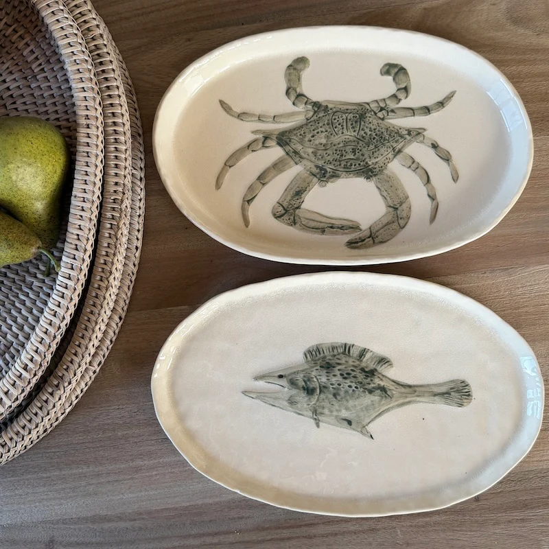 Handpainted Crab and Fish Stoneware Hadden Plates - Image 2