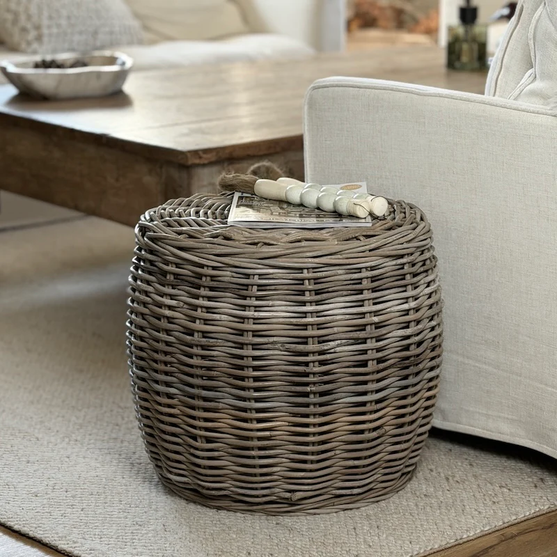 Handwoven Willow Drum Side Table – Natural Rustic Accent Stool