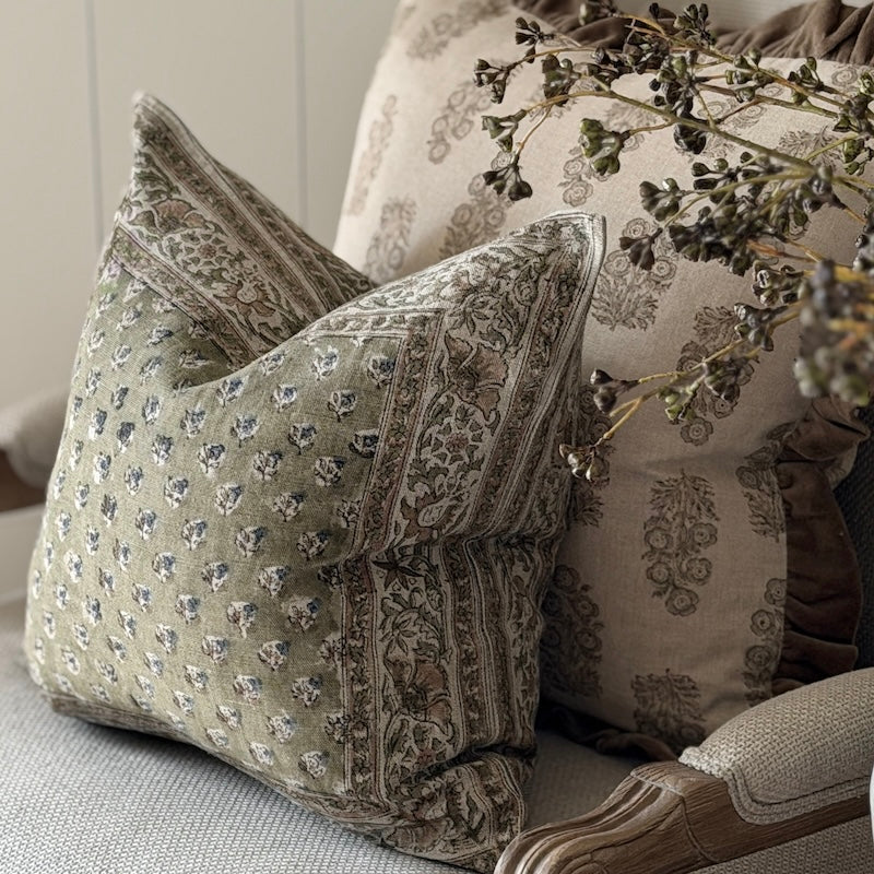 Hedgerow Floral Linen Cushion - Hints of Olive & Sage
