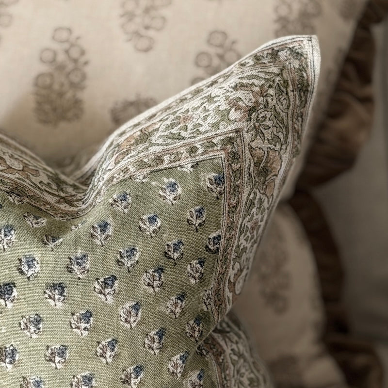 Hedgerow Floral Linen Cushion - Hints of Olive & Sage - Image 4
