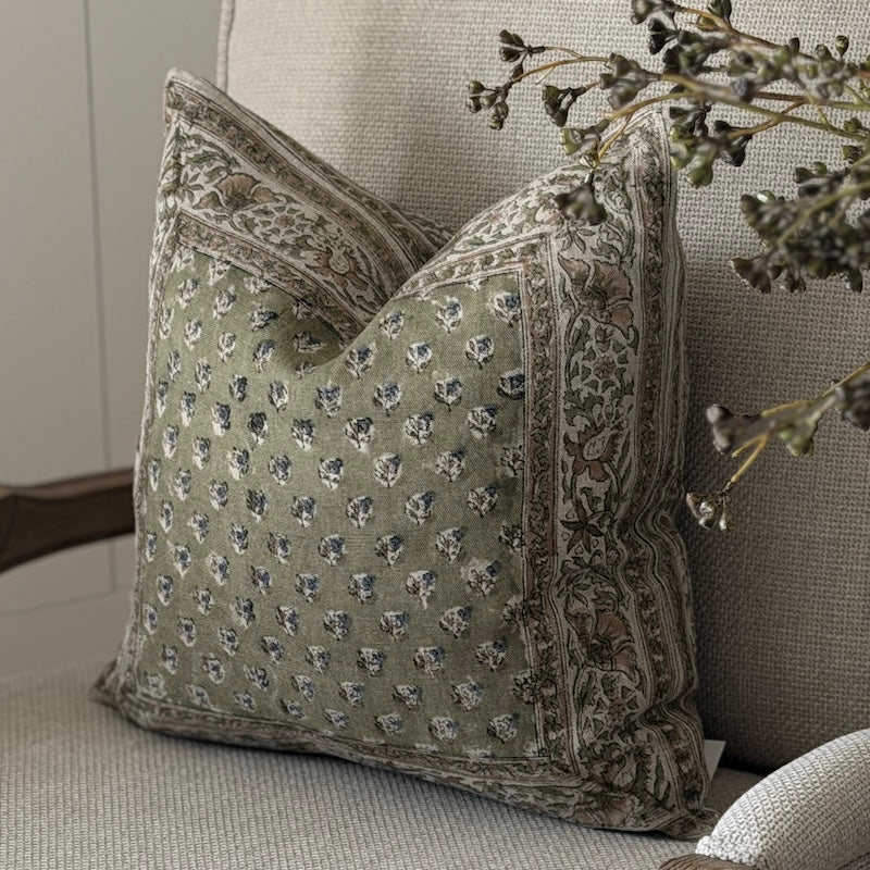 Hedgerow Floral Linen Cushion - Hints of Olive & Sage - Image 6