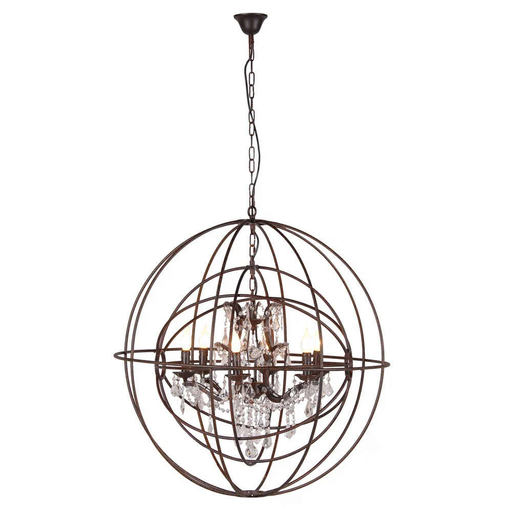 Large Round Metal Foucaults Double Orb Chandelier Crystal Droplets - Image 3