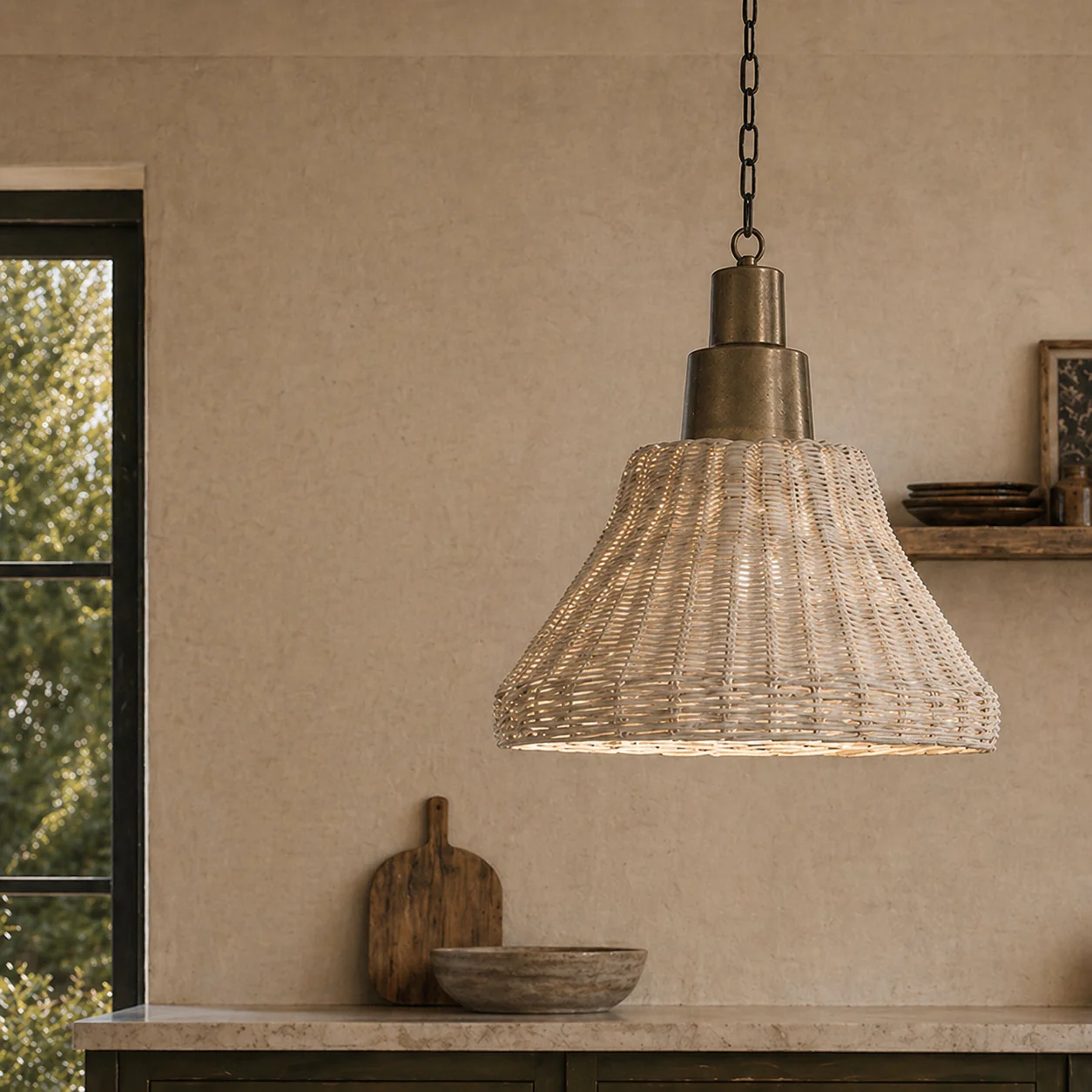 Large Wicker Pendant Light Brass Effect Fitting
