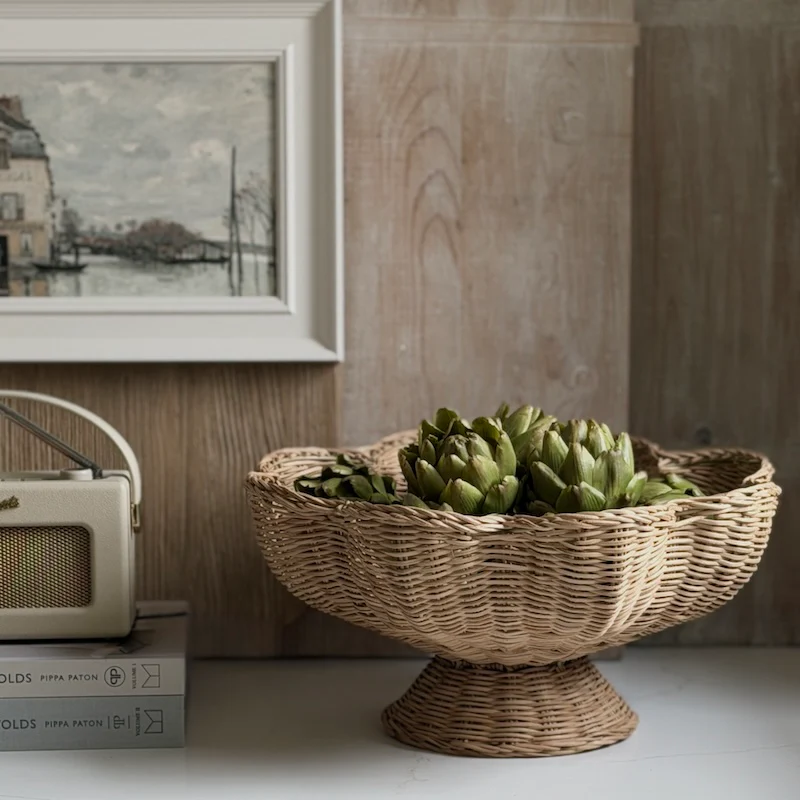 Large Handwoven Footed Rattan Display Bowl