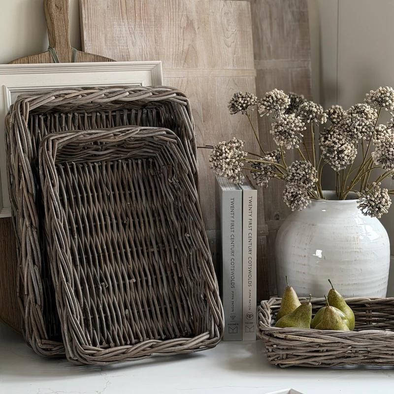 Mindi Shallow Wicker Trays – Choice of 3 Rectangular Storage Baskets