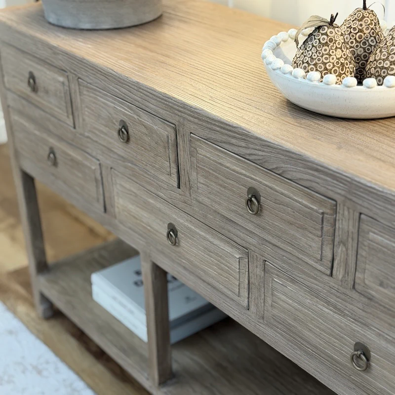 Natural Reclaimed Elm 9 Drawer Console Table with Shelf