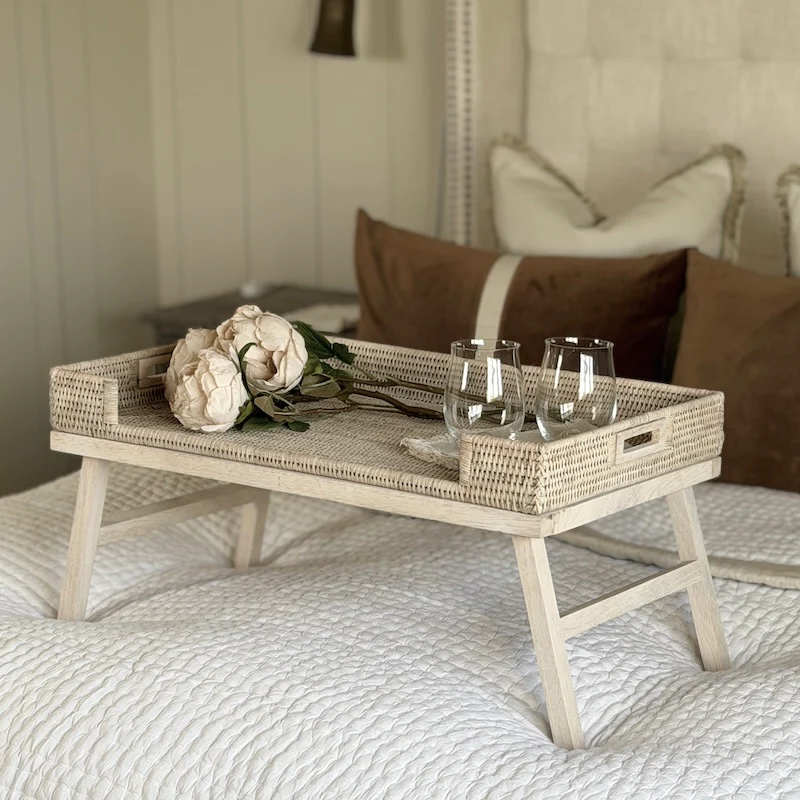 Rattan Breakfast Tray with Wooden Legs | Whitewashed Finish