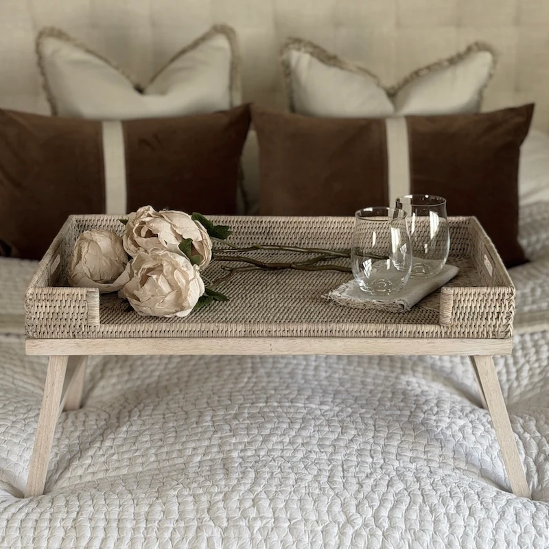 Rattan Breakfast Tray with Wooden Legs | Whitewashed Finish - Image 2