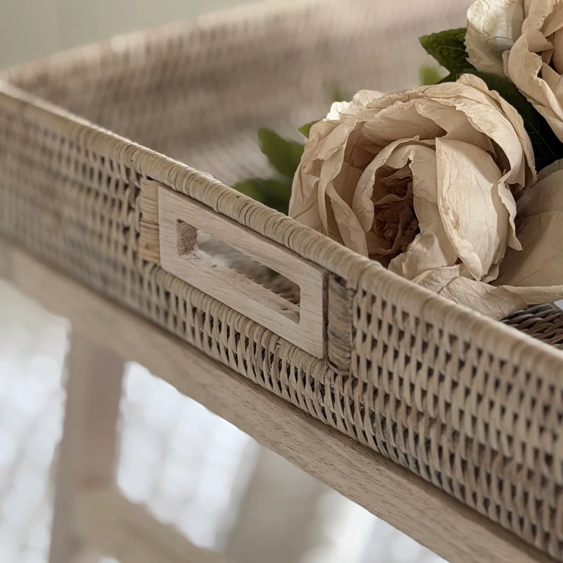 Rattan Breakfast Tray with Wooden Legs | Whitewashed Finish - Image 3