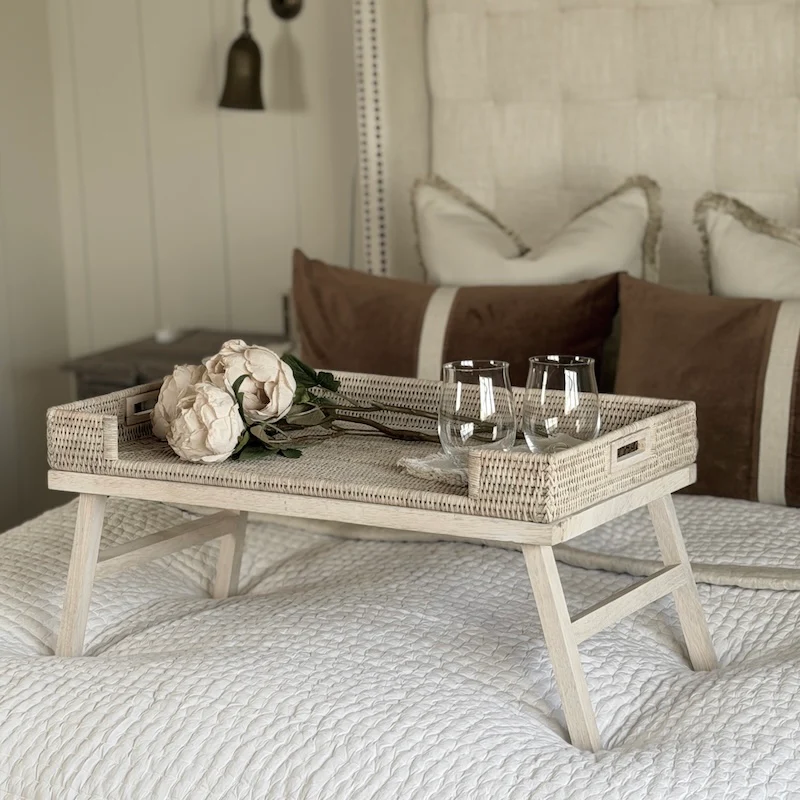 Rattan Breakfast Tray with Wooden Legs | Whitewashed Finish - Image 5