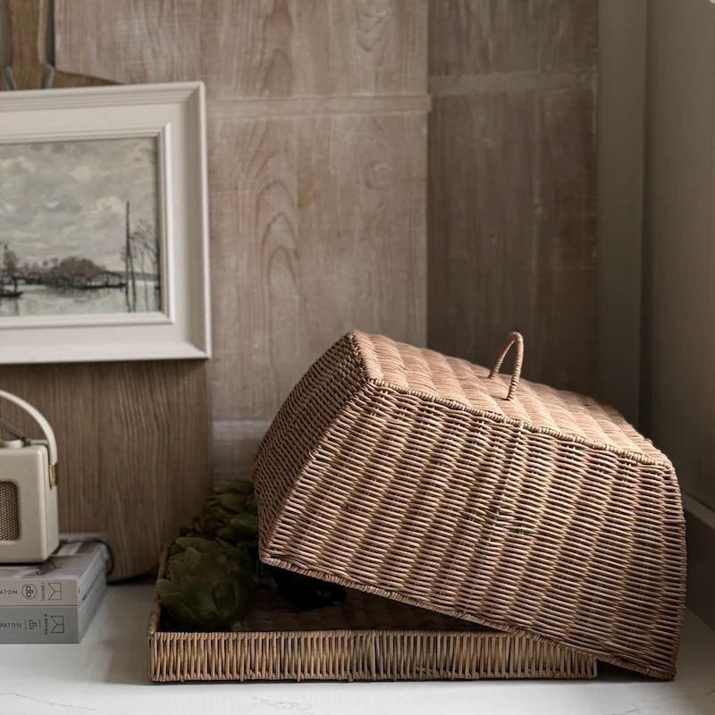 Rattan Covered Serving Tray with Handle – Natural Woven Cloche - Image 2