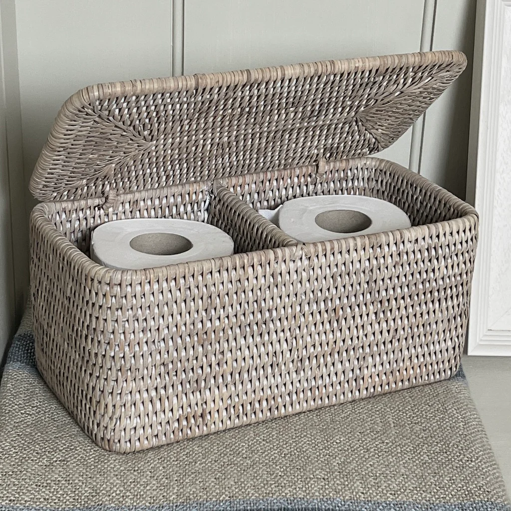 Rattan Double Toilet Roll Tissue Container Natural Whitewash - Image 3