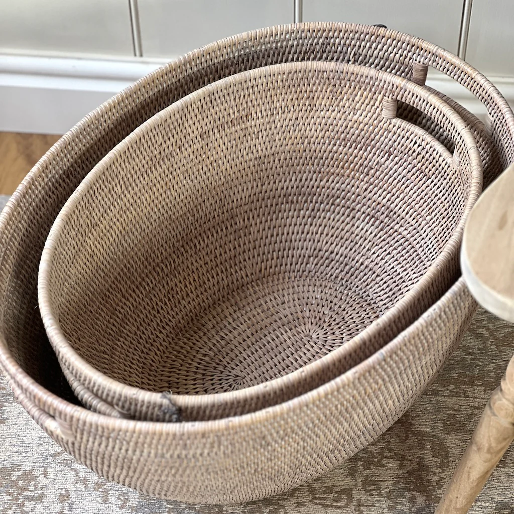 Rattan Laundry Oval Tapered Baskets Natural Whitewash - Image 3