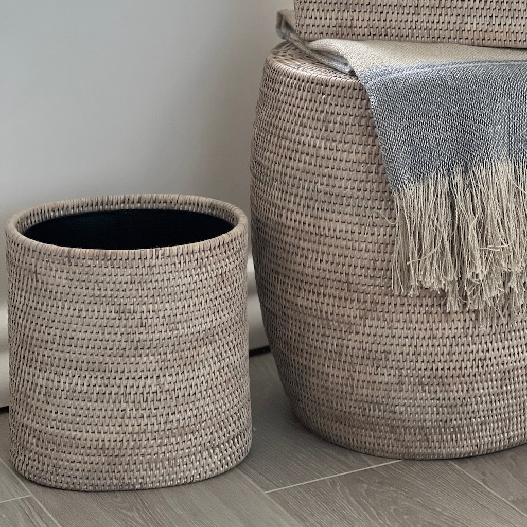 Rattan Oval Waste Paper Bin Natural Whitewash