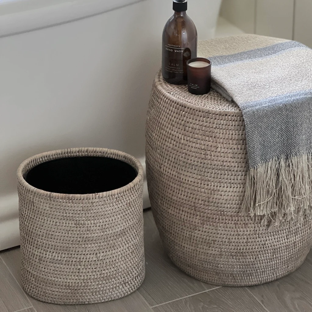Rattan Oval Waste Paper Bin Natural Whitewash - Image 3