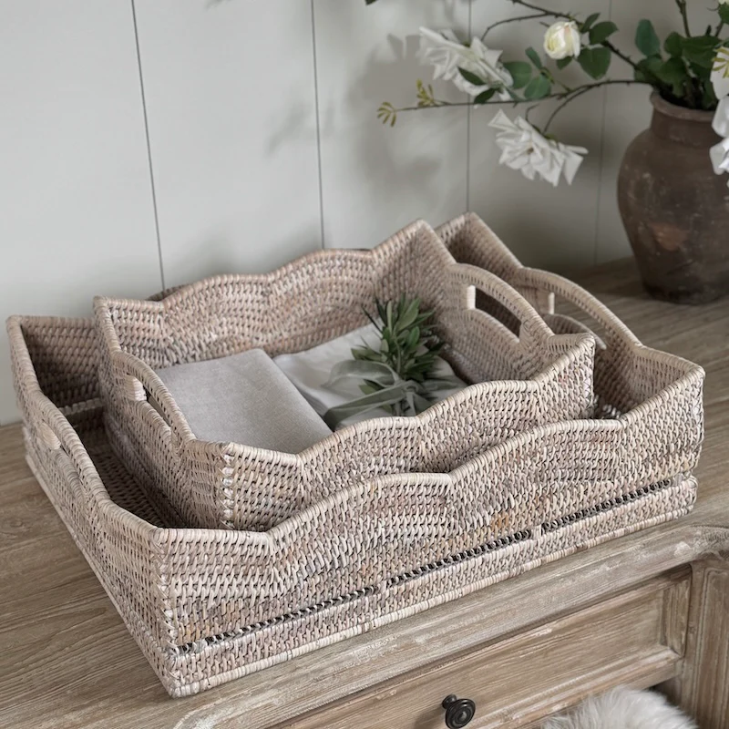 Rattan Scallop Rectangle Basket Tray Whitewash