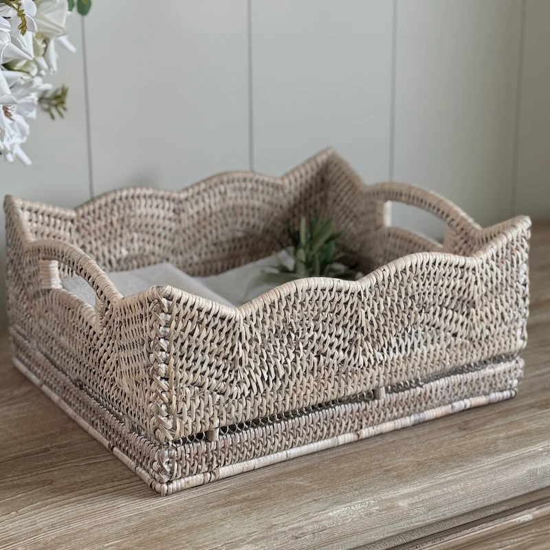 Rattan Scallop Rectangle Basket Tray Whitewash - Image 10