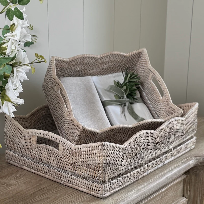Rattan Scallop Rectangle Basket Tray Whitewash - Image 11
