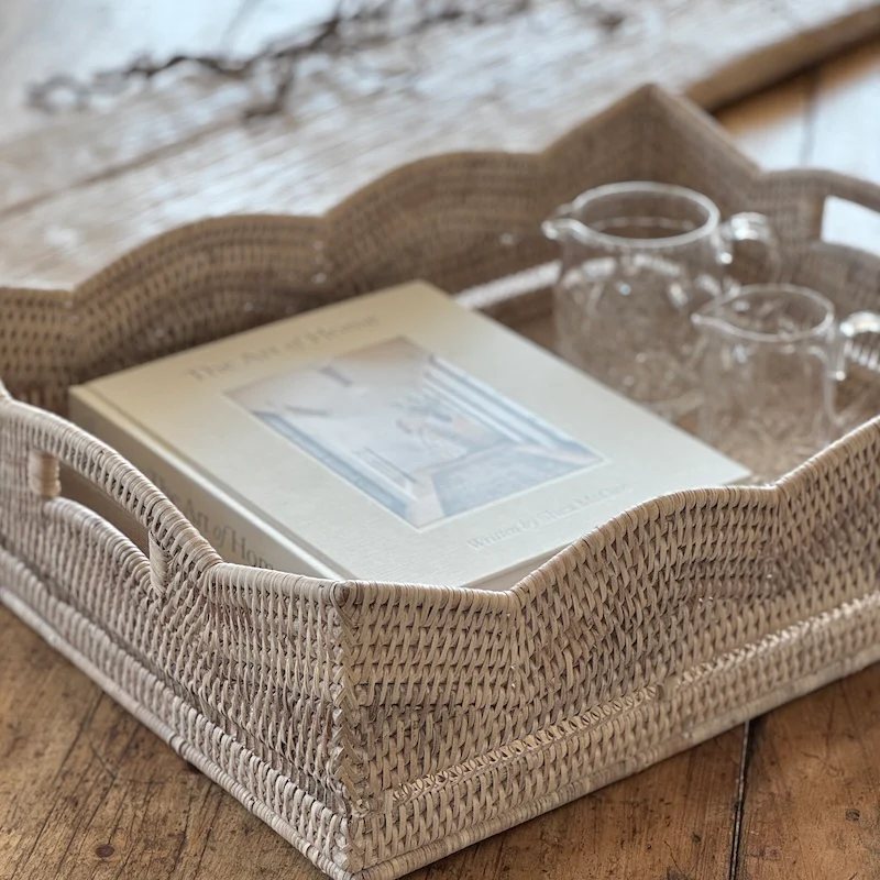Rattan Scallop Rectangle Basket Tray Whitewash - Image 12