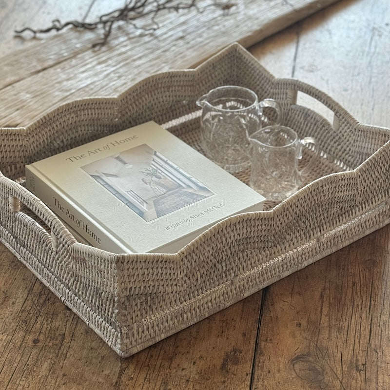 Rattan Scallop Rectangle Basket Tray Whitewash - Image 13