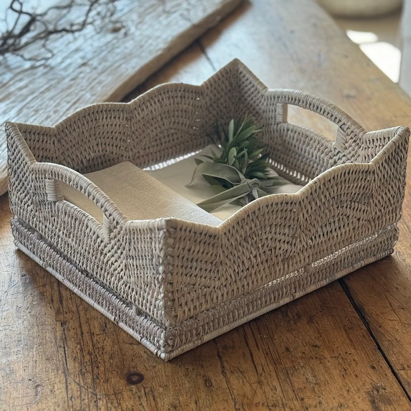 Rattan Scallop Rectangle Basket Tray Whitewash - Image 14