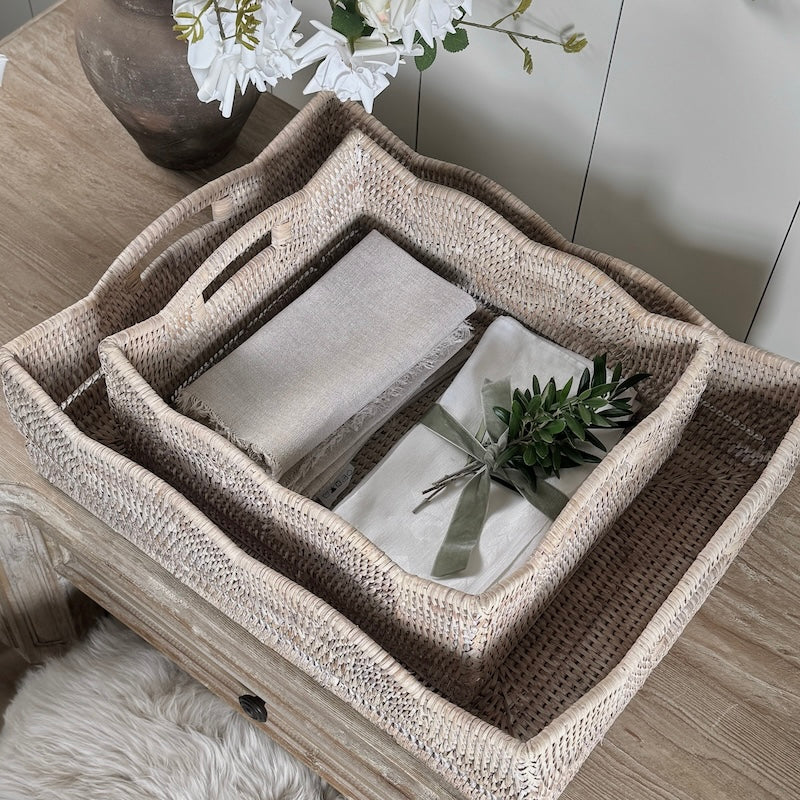 Rattan Scallop Rectangle Basket Tray Whitewash - Image 6