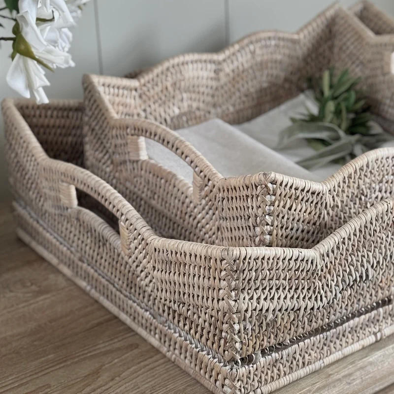 Rattan Scallop Rectangle Basket Tray Whitewash - Image 7